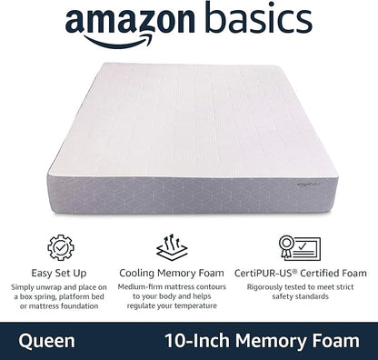 Amazon Basics Memory Foam Mattress, Medium Firm, Cooling Gel, Queen Size Mattress, CertiPUR-US® Certified Foam, 80 x 60 x 10 inches, White/Gray