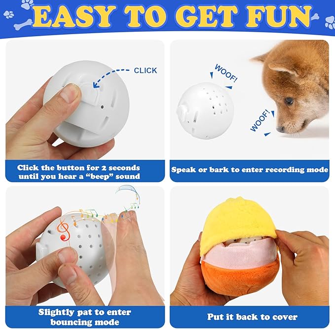 Rechargeable Interactive Moving Dog Toys, Automatic Crazy Jumping Duck for Boredom, Attractive Squeaky Plush Duck Covers A Talking Bouncing Ball with Recording Playback, Puppy Toys to Keep Them Busy-Mewly Pet
