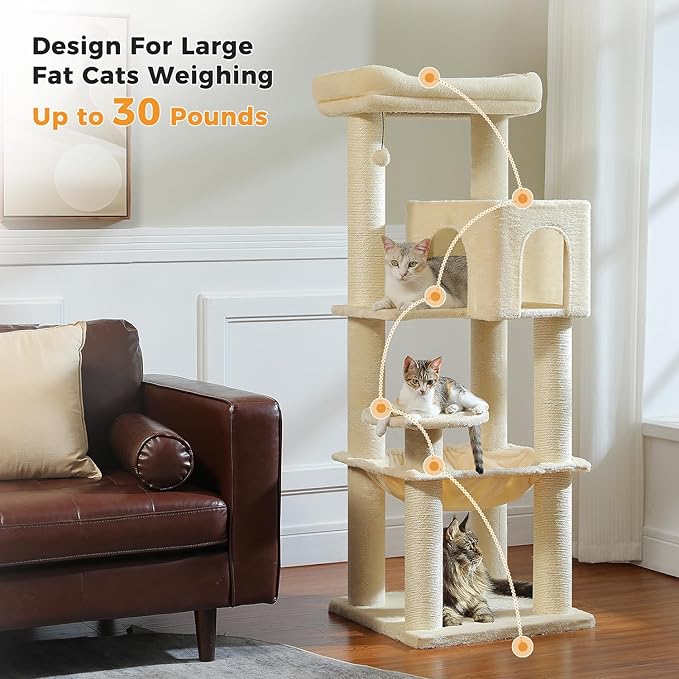 Large Cat Tree with Reinforced Scratching Posts (φ3.1in) for Big Adult Cats 30 lbs, 57.8" Heavy Duty Cat Tower with Larger Hammock and Condo, Cat Furniture for Maine Coon, Plush,Beige-Mewly Pet