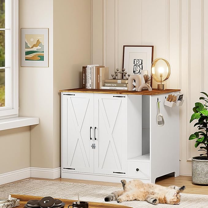 YUSING Litter Robot Enclosure, Cat Litter Box Furniture Hidden, Cat Litter Box Enclosure Cabinet Large with Double Doors and Pull-Out Drawer for Litter Robot-Mewly Pet