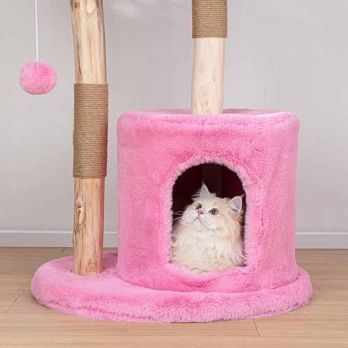 Modern Cat Tree for Indoor Cats, Large Adult 46" Tall, Wooden Cat Tower with Scratching Post, Luxury Cat Condo, Pink-Mewly Pet