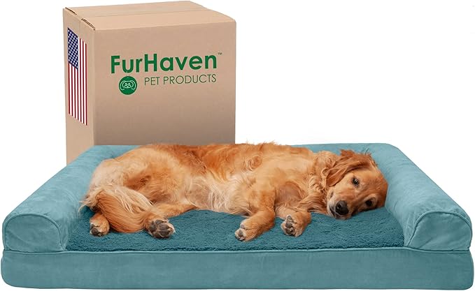 Furhaven Cooling Gel Dog Bed for Large Dogs w/ Removable Bolsters & Washable Cover, For Dogs Up to 95 lbs - Plush & Suede Sofa - Deep Pool, Jumbo/XL-Mewly Pet