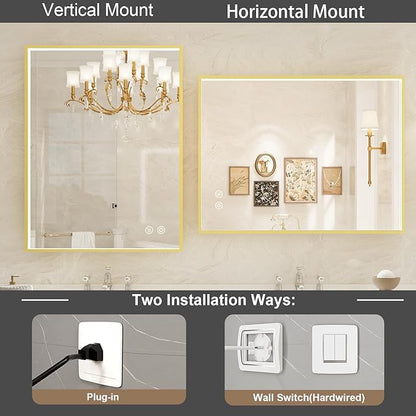 24x36 Inch LED Bathroom Mirror with Lights,Wall Mounted Lighted Mirrors with Non-Rusting Gold Metal Frame Anti-Fog Memory Funtion Stepless Dimmable, CRI90+,Waterproof