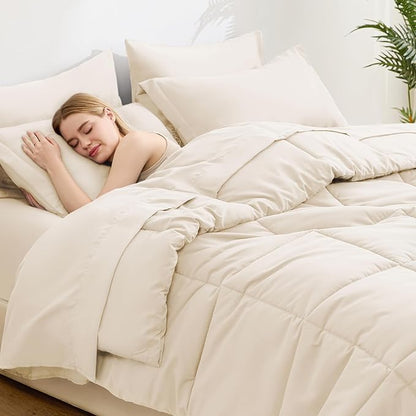 Love's cabin King Size Comforter Set Beige, 7 Pieces King Bed in a Bag, All Season Bedding Sets with 1 Comforter, 1 Flat Sheet, 1 Fitted Sheet, 2 Pillowcase and 2 Pillow Sham