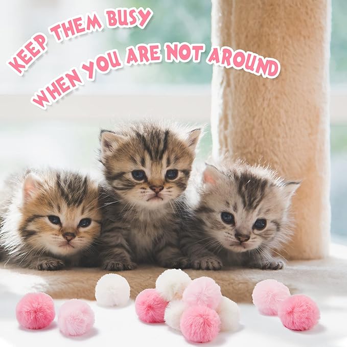 Weewooday 12 Pieces Cat Pom Pom Balls Toys Large Fuzzy Cat Ball Artificial Large Plush Ball for Cats Pets Interactive Playing Indoor(Pink, White,Solid Color)-Mewly Pet