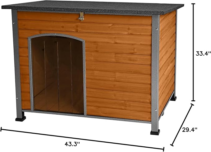 Indoor Outdoor Dog House,Anti-Chewing Iron Frame Dog Kennel,Wood Warm Pets Home,Weatherproof Outside Shelter (43.3" (L) x 29.4" (W) x 33.4" (H) Brown)-Mewly Pet