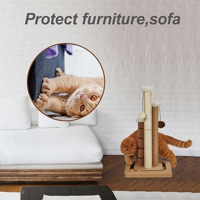 Cat Scratching Post Premium Natural Sisal Jute Carpet 3 Scratch Posts with Interactive Track Ball Base and Hanging Balls Toys Kitten Scratcher for Indoor Kittens and Small Cats-Mewly Pet