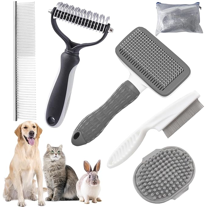 Dog Brush for Shedding,6 PCS in One Pet Slicker Hair Brush Kit Organizer Bag - Dog Cat Grooming Deshedding Undercoat Rake Brush Comb for All Small Large Dogs Cats Grey-Mewly Pet