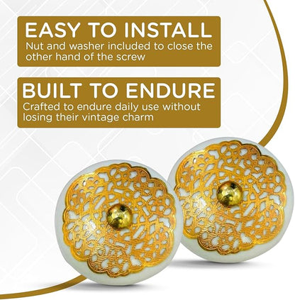 Perilla Home Set of 6 Gold Design Ceramic Knobs Decorative Round Knobs for Home Kitchen Cabinet Vintage Hardware Cupboard Door Dresser Wardrobe Drawer Pulls