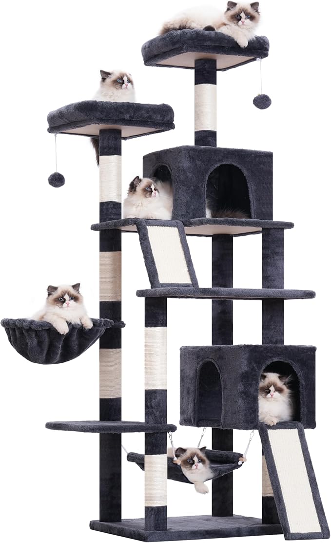 Cat Tree for Indoor Cats, 71'' (180cm) Multi-Level Cat Tower for Large Adult, Sturdy Cat Tree House with 2 Scratching Boards 7 Posts, 2 Plush Perches/Condos, Hammock, Smoky Gray GCT032G-Mewly Pet