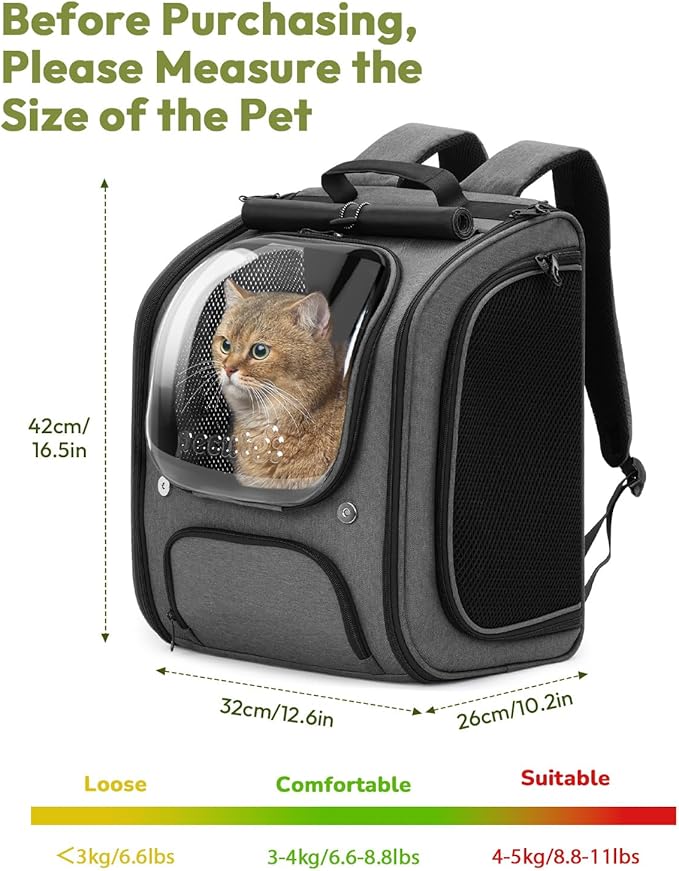 Pecute Cat Backpack Carrier, Large Space Cat Bubble Backpack, Breathable Cat Carrier, Shaded Dog Backpack Carrier, Ergonomic 3D Design for Travel, Hiking, Suitable for Shopping, and Vet, Gray-Mewly Pet