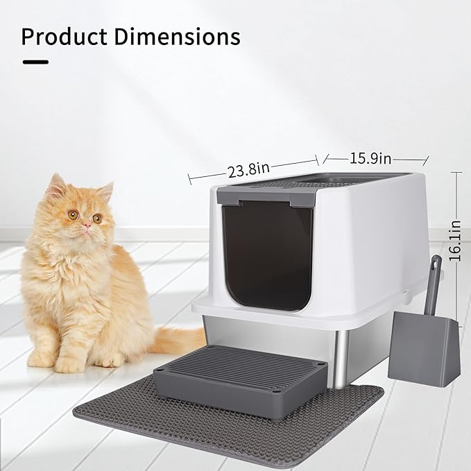RIZZARI Stainless Steel Cat Litter Box, Odorless Enclosed Litter Box with Top Holes, Large Litter Pan for Small to Large Sized Cats (Dark Gray, 23.8" L*15.9" W*16.1" H)-Mewly Pet