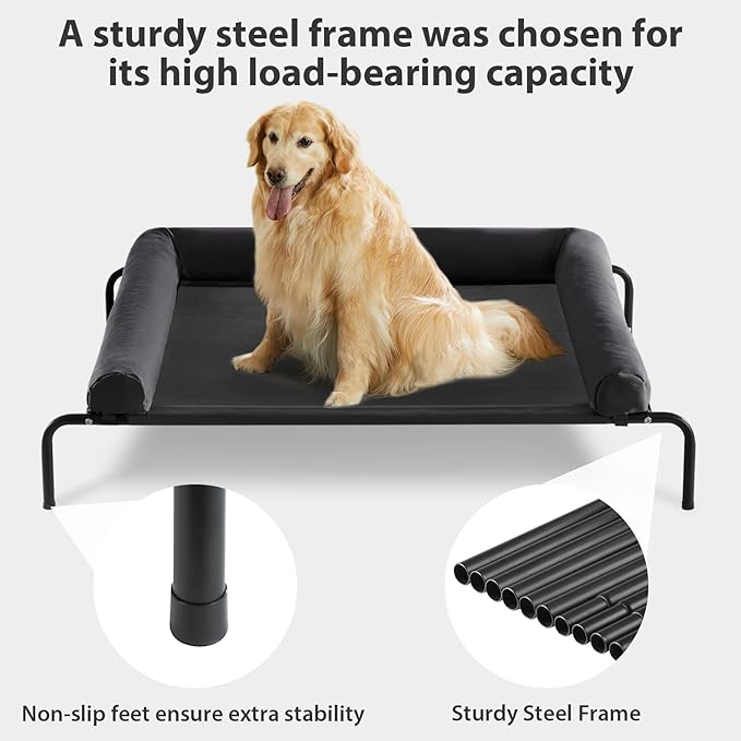 RRPETHOME Large Elevated Cooling Dog Bed, Raised Dog Cot Beds for Large Dogs, Elevated Outdoor Pet Cot, Chew Proof Portable Cooling Pet Cot with Skid-Resistant Feet and Breathable Mesh-Mewly Pet