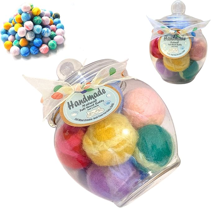 Felt Wool Cat Toys Ball with Catnip and Bell, Natural Handmade cat Toys Ferret Toys cat Gift Basket (Felt Wool Mixed in Jar)-Mewly Pet