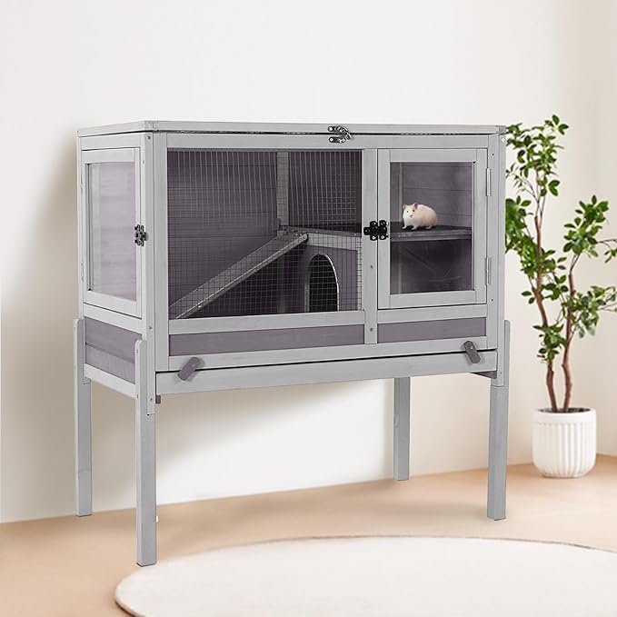 Guinea Pig Cage with Wooden Stand - Hamster Cage, Small Animal Cage Anti Chew Ramp, Hideout, Platform, Pull Out Tray (Grey, L)-Mewly Pet