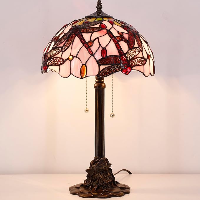 Tiffany Stained Glass Table Lamp 12X12X21Inch Resin Base Desk Bedroom Living Room Reading Light (Pink Dragonfly)