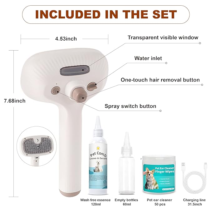 Cat Steam Brush, Dog Brush for Shedding, Pet Spray Hair Removal Comb, Pet Brush for Short & Long Hair, USB Rechargeable Grooming Supplies, Spritz Defur Comb with Finger Wipe for Teeth (White)-Mewly Pet