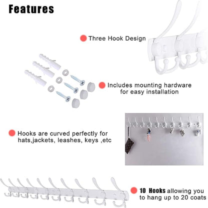 Dseap Coat Rack Wall Mount - 38” Long 10-Tri-Hooks Heavy Duty Coat Hanger Rail Wall Hooks for Hanging Coats Hats Clothing Clothes Purse Mudroom Entryway, White, Pack of 2