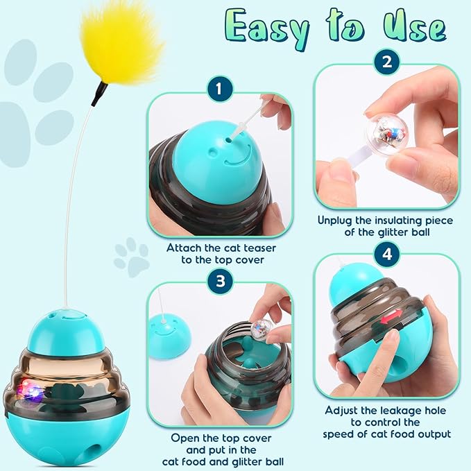 Tumbler Cat Toys for Indoor Bored Cats,Fun Wand Toy and Feather Toys Slow Feeder with Flash Ball,Cat Toys for Indoor Cats to Loss Weight and Exercise Feeding Pet Supplies Birthday Gift (Blue)-Mewly Pet