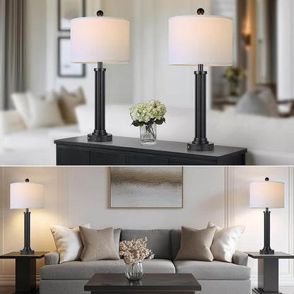 28" Tall Modern Table Lamps Set of 2 with USB C+A Ports and AC Outlet, 3 Way Touch Metal Bedside Lamps for Living Room, Black Nightstand Lamps for Bedroom