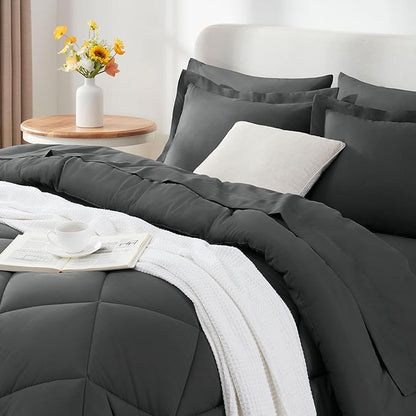 CozyLux California King Comforter Set Dark Grey - Cal King Bed in a Bag 7 Pieces, Luxury Soft Bed Set for All Seasons, Bedding Set with Down Alternative Comforter, Sheets, Pillowcases & Shams