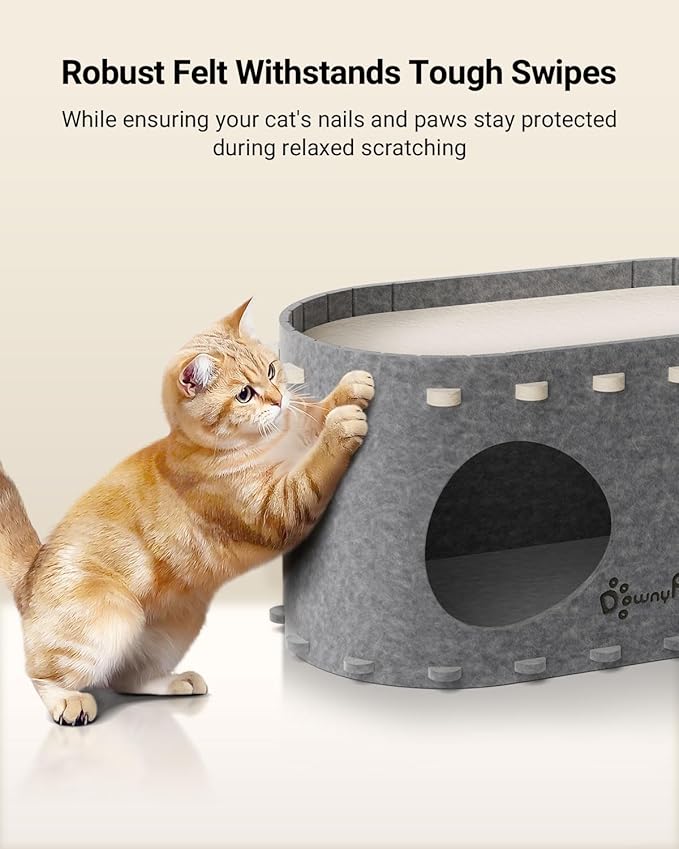 DownyPaws Cat House for Indoor Cats, Cat Bed Cave for Multiple & Large Cats Up to 22 Lbs, Scratch Resistant, Foldable Peekaboo Kitten Caves Tunnel Enclosed Bed, PeekaPurr, Light Gray-Mewly Pet
