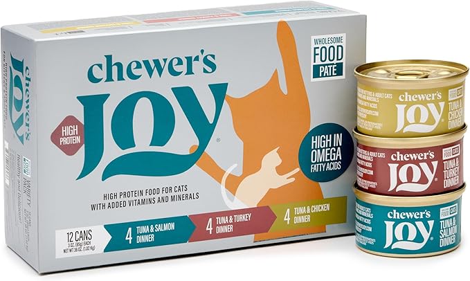 Chewer's Joy Wet Cat Food Variety Pack – 3 Flavors: Tuna & Salmon, Tuna & Chicken, Tuna & Turkey – Natural Pâté – High Protein – Grain Free – Complete & Balanced Nutrition – 24 Cans (3 oz)-Mewly Pet