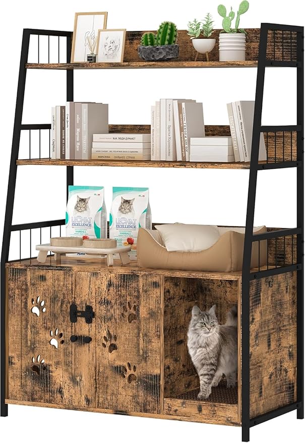 Recaceik Large Cat Litter Box Enclosure with Shelf Storage, Hidden Cat Washroom Furniture, Wooden Cat House with Scratch Pad, Sturdy Indoor Cat Cabinet with 2 Doors, Rustic Brown-Mewly Pet