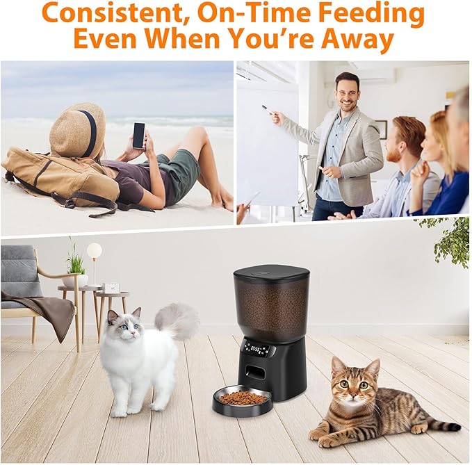 Automatic Cat Feeder, Cat Food Dispenser with Stainless Steel Bowl, Timed Portion Control 20 Portions 6 Meals Per Day, Voice Recorder, Dual Power Supply for Small Dogs (Black)-Mewly Pet