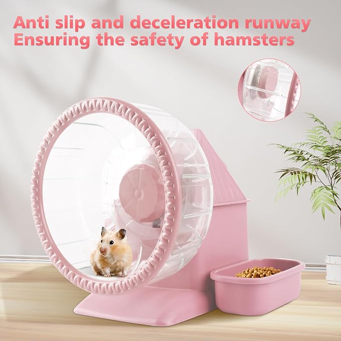 4 in 1 Silent Large Hamster Wheel Multifunctional Hamster Running Wheel Quite Running Spinner Wheel Accessories with Food Bowl Water Bottle for Hamsters Dwarf Gerbil (Pink)-Mewly Pet