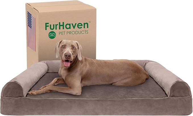 Furhaven Cooling Gel Dog Bed for Large Dogs w/ Removable Bolsters & Washable Cover, For Dogs Up to 125 lbs - Faux Fur & Velvet Sofa - Driftwood Brown, Jumbo Plus/XXL-Mewly Pet