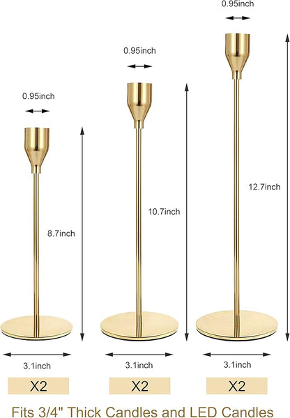 Gold Taper Candle Holders Set of 6, Metal Candlestick Holders for Table or Mantel Decor Centerpiece, Candle Stick Holder Decor for Wedding, Dinning, Party or Anniversary