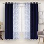BONZER Mix and Match Curtains - 2 Pieces Branch Print Sheer Curtains and 2 Pieces Blackout Curtains for Bedroom Living Room Grommet Window Drapes, 37x84 Inch/Panel, Indigo, Set of 4 Panels