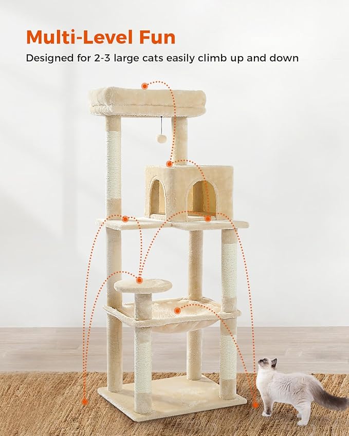 Cat Tree for Large Cats Adult with Metal Plush Big Hammock, 56.3" Cat Tower with 2 Door Condo House, 6-Tier Cat Shelves with Scratching Posts and Large Top Perch, Beige-Mewly Pet