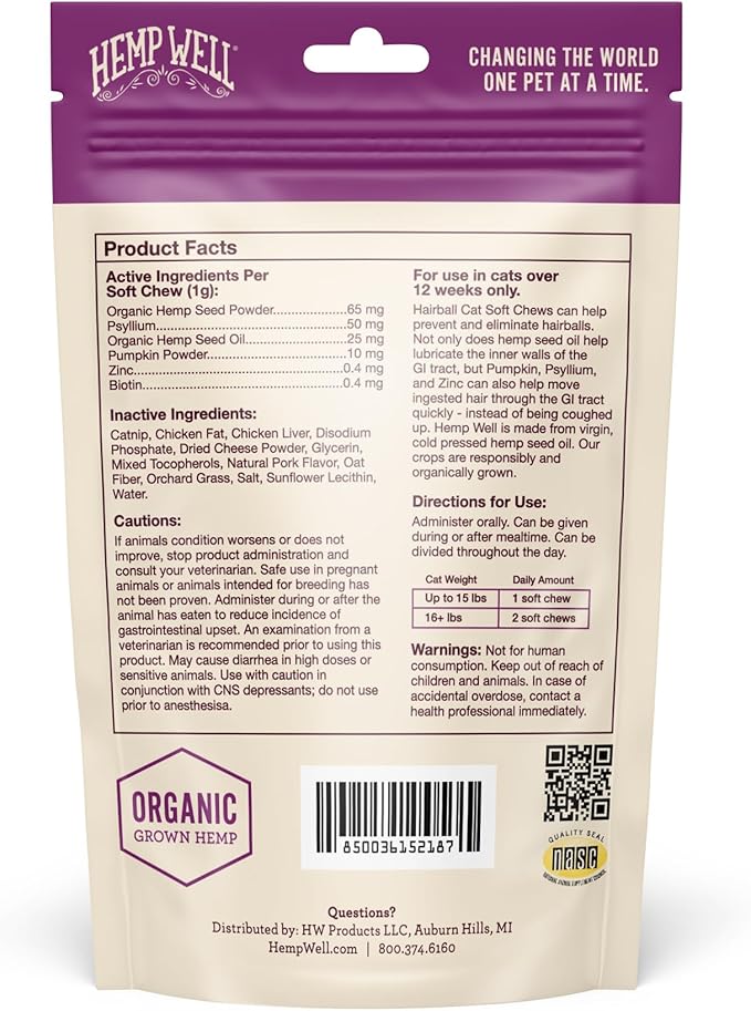 Hemp Well Cat Hairball Soft Chews for Cats, Organic USA Grown, Chicken Cheese & Catnip Flavor!-Mewly Pet