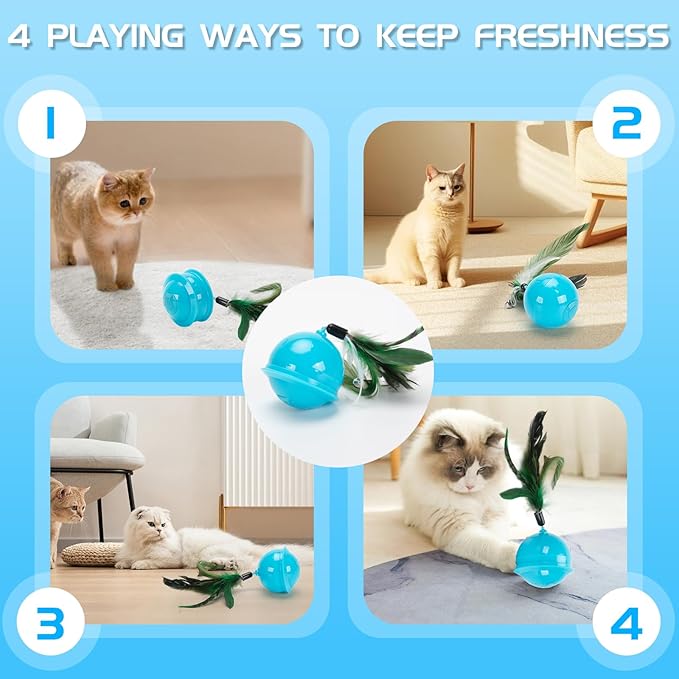 Cat Feather Toy Ball Automatic Moving Interactive Cat Toys for Indoor Cats, Self Rolling Electric Smart Tumbler Ball with Colorful Light and Big Feather Chasing Game (Blue)-Mewly Pet