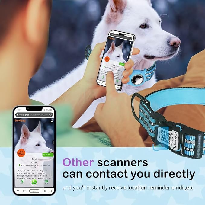 Reflective Dog Collar with Apple AirTag Holder & QR Code Pet ID Tag,Soft Nylon Adjustable Dog Tracker Collar with Safety Lock for Large Dogs(Blue, L（16"-26"）)-Mewly Pet