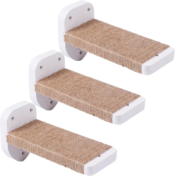 3pcs Wall Mounted Cat Steps, Climbing Furniture, Shelves With Hemp Rope Covered, Solid Wood Ladder for Playing and Climbing (Standard-White)-Mewly Pet