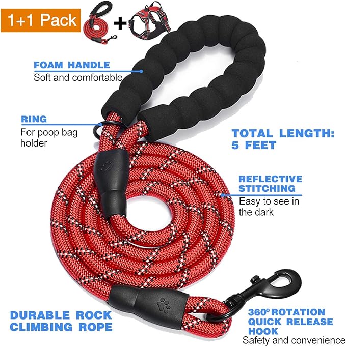 No Pull Dog Harness Adjustable Reflective Oxford Easy Control Medium Large Dog Harness with A Free Heavy Duty 5ft Dog Leash (M (Neck: 14.5"-20.5", Chest: 22"-28"), Red Harness+Leash)-Mewly Pet