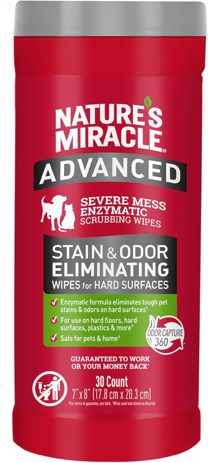 Nature’s Miracle Advanced Stain And Odor Eliminating Wipes for Hard Surfaces, 30 Count, Enzymatic Formula Eliminates Tough Pet Messes-Mewly Pet