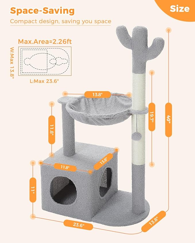 Cactus Cat Tree Cat Scratching Post 40" Cat Tower with Large Metal Carpet Hammock, Cat Scratching Post for Indoor Cats with Condo& Dangling Ball, Grey-Mewly Pet