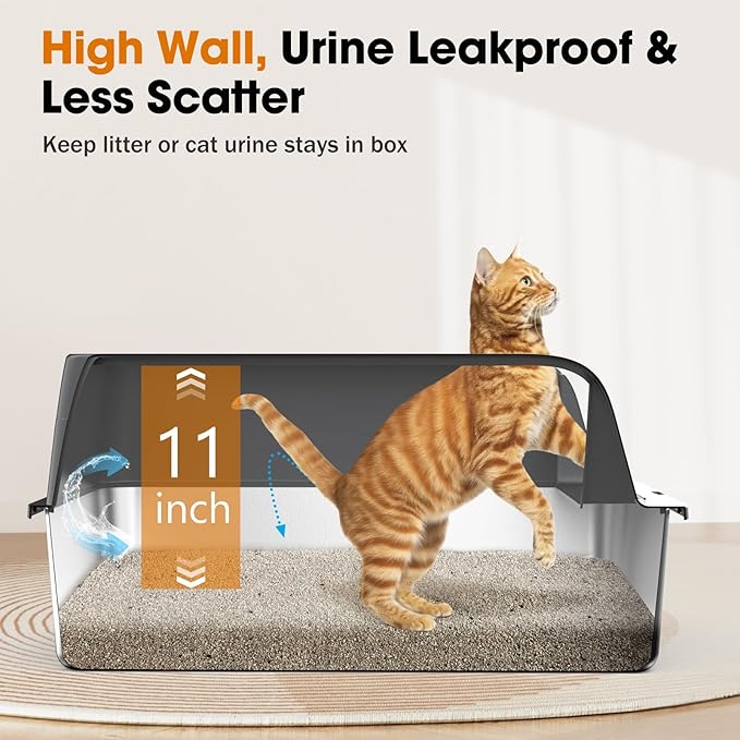 2PACK Stainless Steel Litter Box, Extra Large Litter Boxes for Big Cats, XL Metal Cat Litter Box with Lid High Sides, Anti-Urine Leakage, Non-Sticky, Scoop Included-Mewly Pet