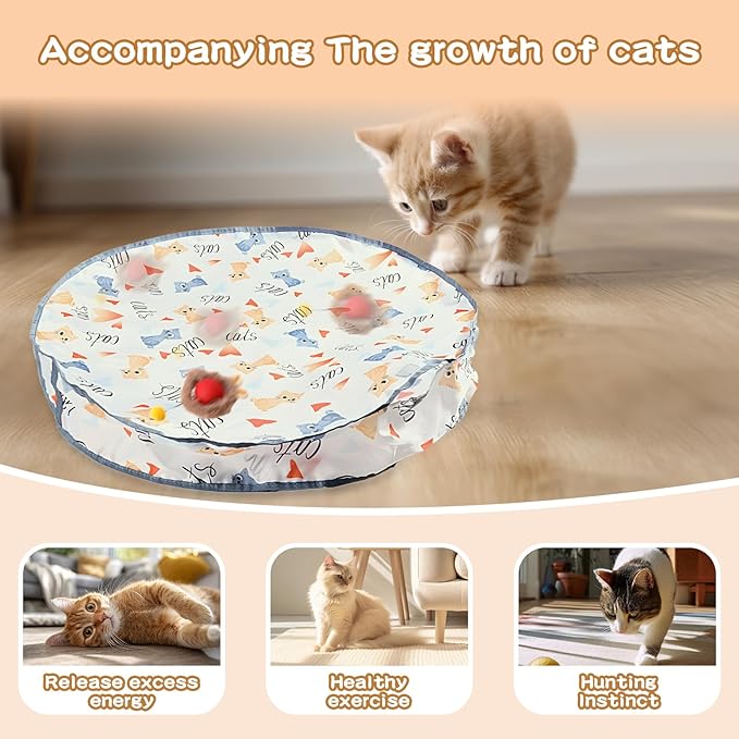 Rocfish Interactive Cat Toys Ball - Automatic Fast Rolling Ball in Play Mat, Hide and Seek Mouse Catching Game, Low-Noise Cat Enrichment Toys in Pouch for Indoor Bored Cats (Red Toy & Round Mat)-Mewly Pet