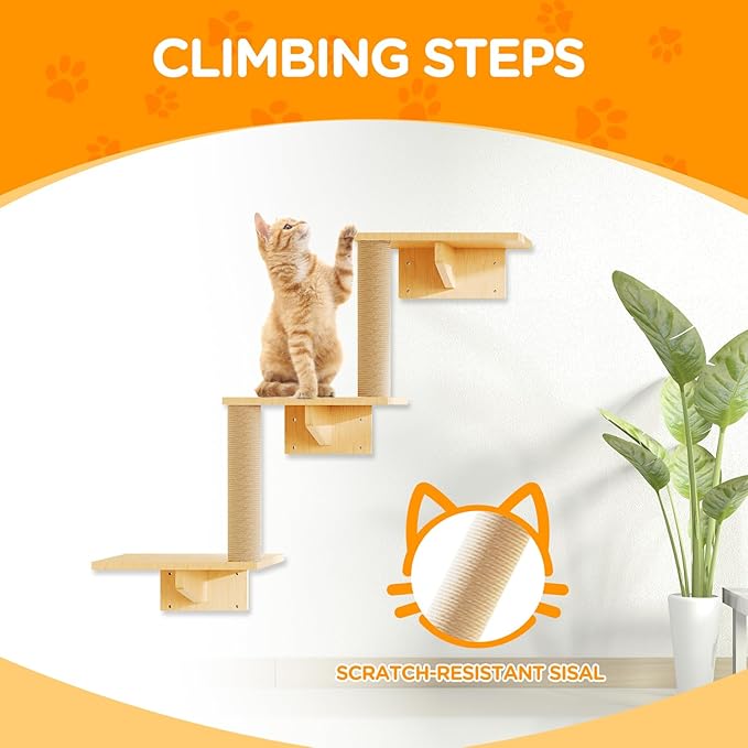 MeowHomm Cat Wall Shelves, Set of 5 Wooden Cat Wall Furniture with Cat Condo, Cat Scratching Post with 3 Steps, Bridge, Cat Hammocks and Scratcher-Mewly Pet