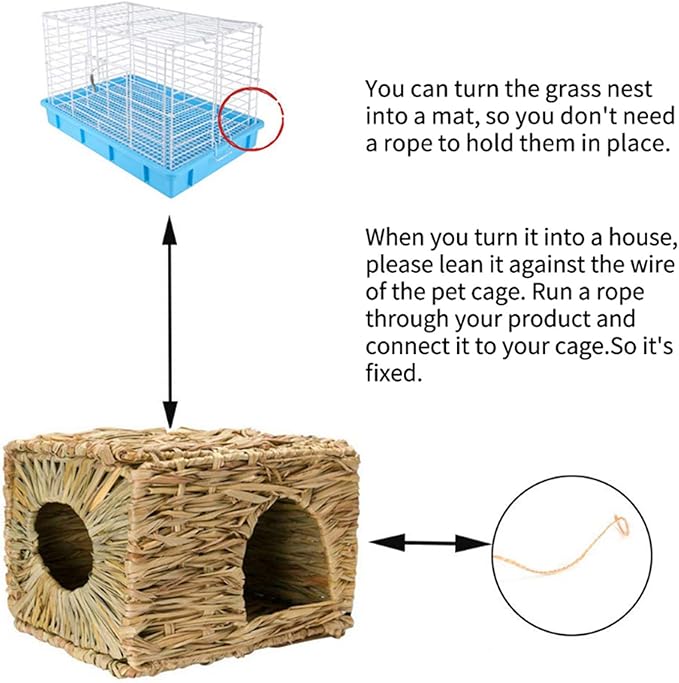 kathson 2 Pcs Rabbit Grass House Natural Foldable Hand Woven Seagrass Bed Carrot Hay Toy Hut Safe Comfortable Playhouse with Bunny Chew Toys for Bunny Hamster Guinea Pig Chinchilla Ferret-Mewly Pet