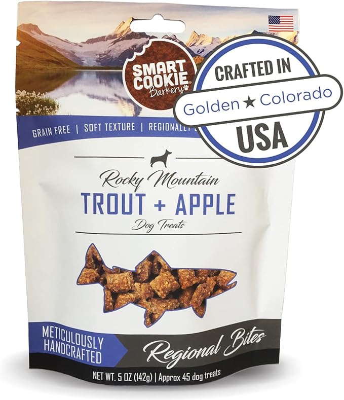 Smart Cookie All Natural Soft Dog Treats - Trout & Apple - Healthy Dog Treats for Allergies, Sensitive Stomachs - Chewy, Grain Free, Human-Grade, Made in The USA - 5oz Bag-Mewly Pet