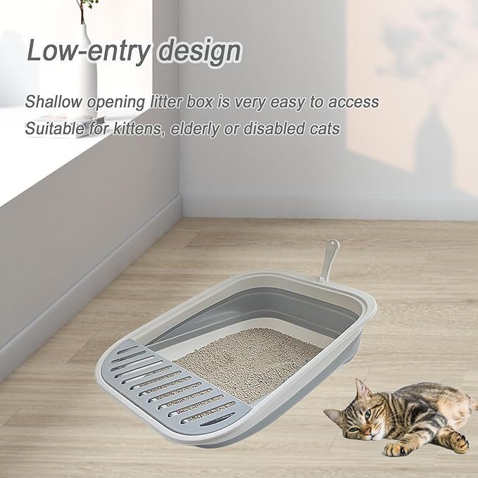 Collapsible Kitten Litter Box, 17.7 x 13.4 x 5 inch Open Cat Potty Pan with Scoop Foldable Shallow Cat Toilet Anti-Splashing Low Entrance Travel Litter Box with Falling Sand Pedal Grey-Mewly Pet