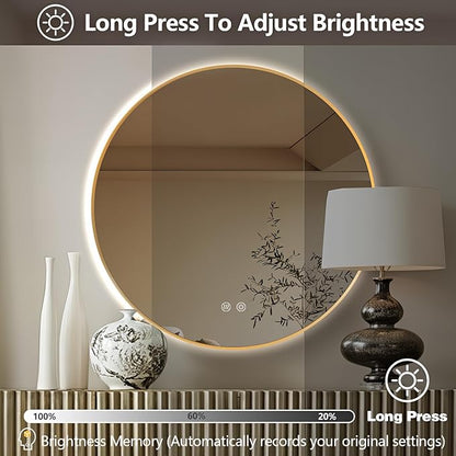 Niccy Round Led Mirror for Bathroom, 36" Backlit Mirror for Wall Circle Lighted Mirror with Gold Frame Anti-Fog, 3 Colors, HD Glass and IP65 Waterproof