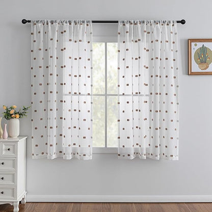 MYSKY HOME White Curtains for Bedroom 63 Inch Length Long Sheer Curtains for Kids Room Nursery Curtains with Taupe Patched Design Rod Pocket Privacy Window Drapes Dining Room 52" x 63" 2 Panels