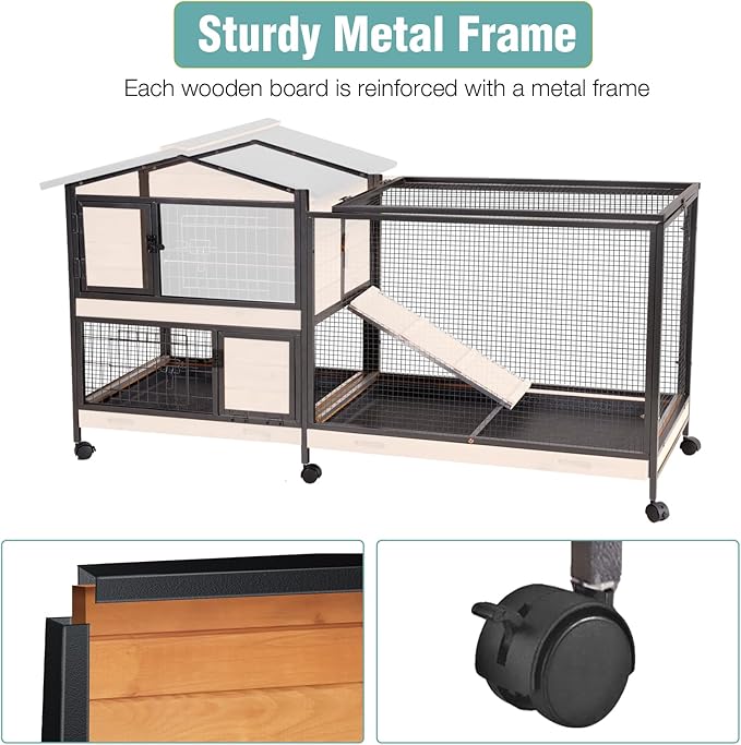 2-Story Rabbit Cage with Chew-Proof Metal Frame for Indoor/Outdoor - 62" Bunny Hutch Guinea Pig Cages with 6 Locking Wheels & 2 Removable Trays for Rabbits/Guinea Pigs-Mewly Pet